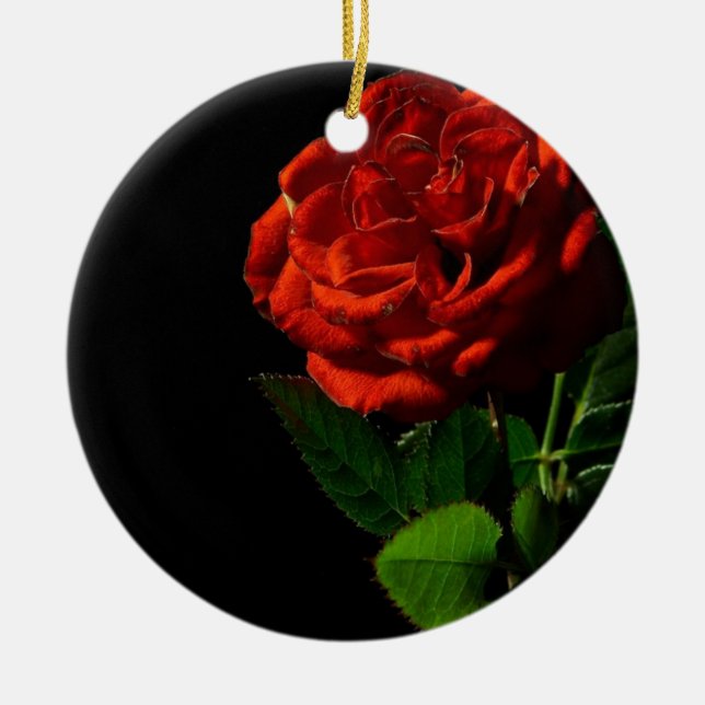 Red Rose on Black Floral Ceramic Tree Decoration (Front)