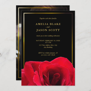 Red Rose on Black   Gold Frame with Photo Wedding Invitation