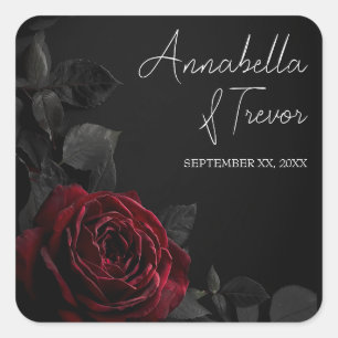 Red Rose on Black Moody Floral Custom Name Square Sticker