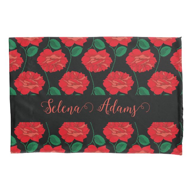 Red Rose on Black Pillowcase (Front-Left)