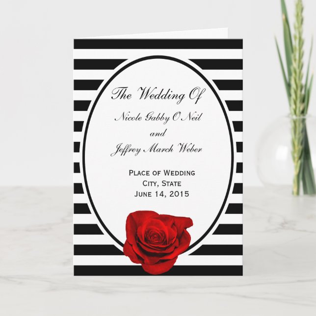Red Rose on Black & White Stripes Wedding Program Programme (Front)