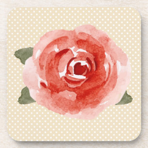 Red Rose on Cream and White Polka Dot Coaster