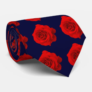 Red Rose on Dark Navy Blue Tie