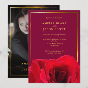 Red Rose on Deep Pink   Gold Frame Photo Wedding Invitation