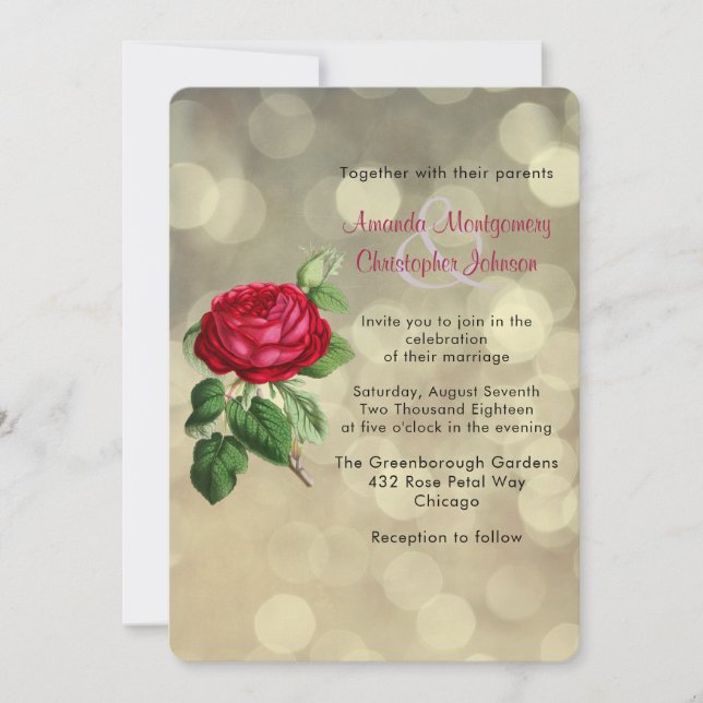 Red Rose on Golden Bokeh Lights Wedding Invite (Front)