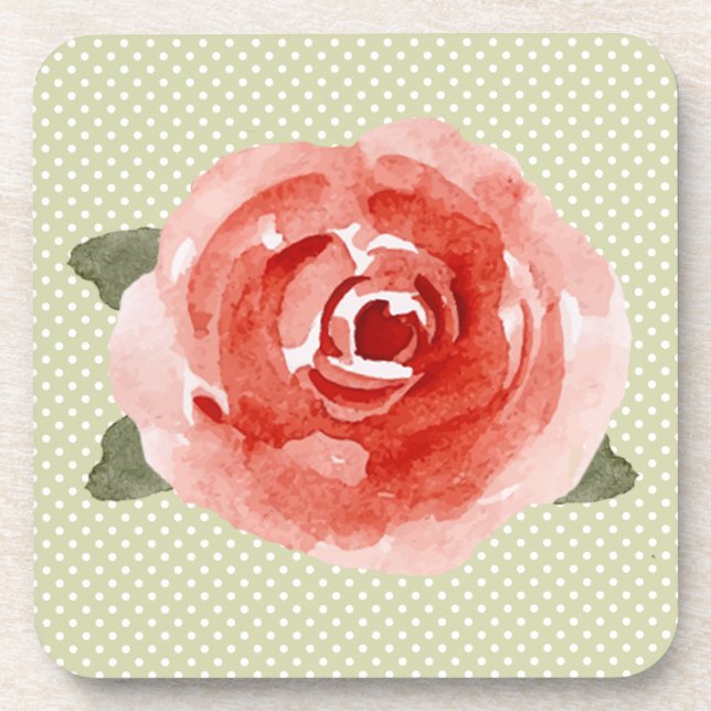 Red Rose on Lime Green and White Polka Dot Coaster (Front)