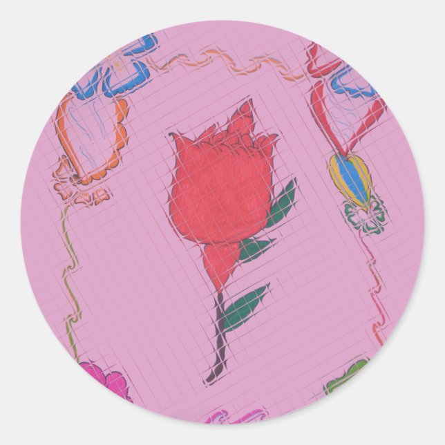 Red Rose on Pink: Floral Border Art Print/Graphic Classic Round Sticker (Front)