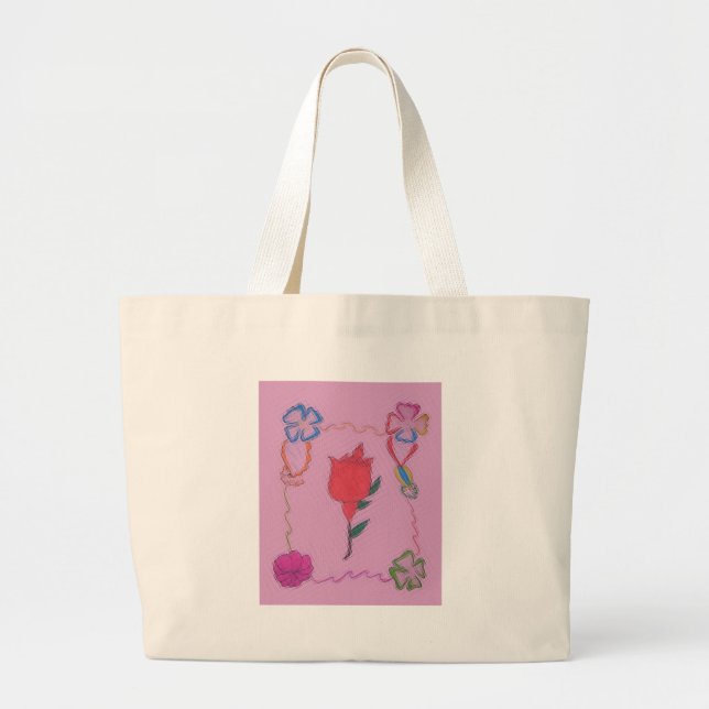 Red Rose on Pink: Floral Border Art Print/Graphic Large Tote Bag (Front)