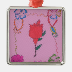 Red Rose on Pink: Floral Border Art Print/Graphic Metal Tree Decoration