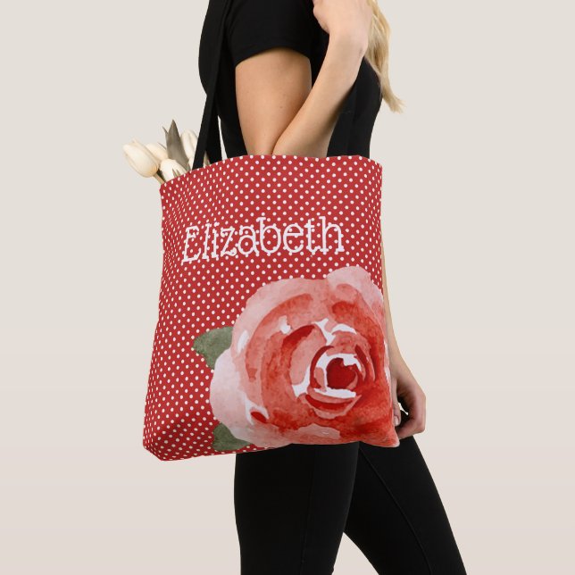 Red Rose on Red & White Polka Dots Tote Bag (Close Up)