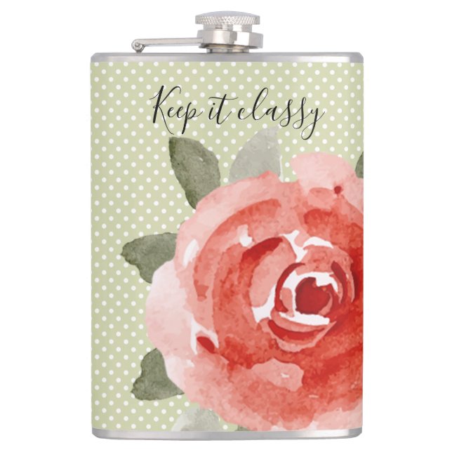 Red Rose on White and Lime Polka Dots Flask (Front)