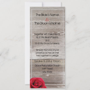 red rose on wood long wedding invitations