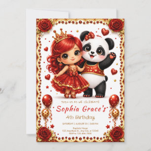 Red Rose Panda Princess Birthday Celebration Invitation