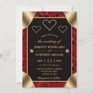Red Rose Pattern and Gold Diamonds Wedding Invitation