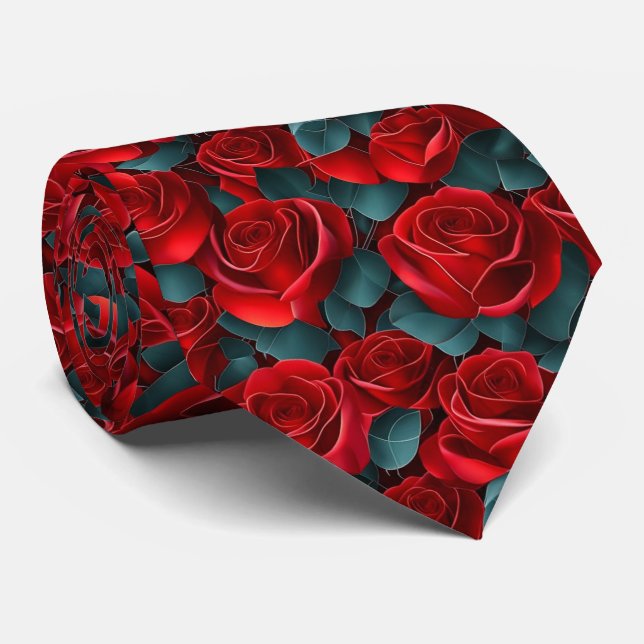 Red Rose Pattern Neck Tie (Rolled)