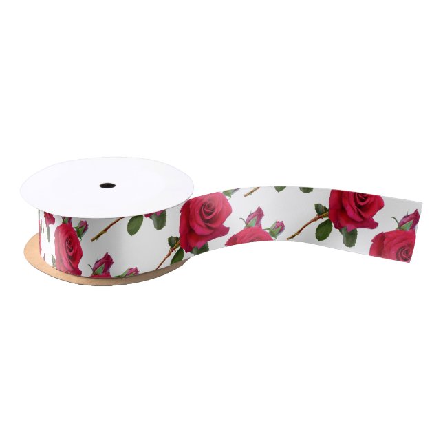 Red Rose Pattern White Wedding Ribbon Satin Ribbon (Spool)
