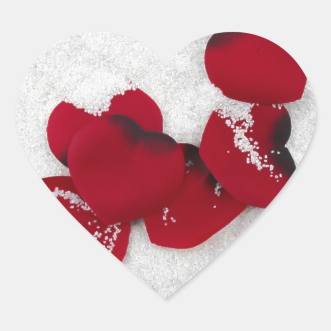 Red Rose Petals in Snow, Winter Wedding Heart Sticker (Front)