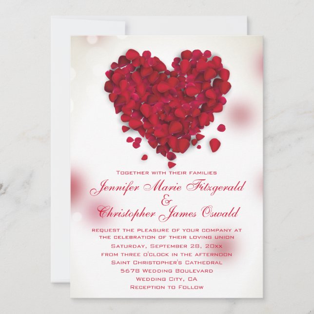 Red Rose Petals Love Heart Wedding Invitation (Front)