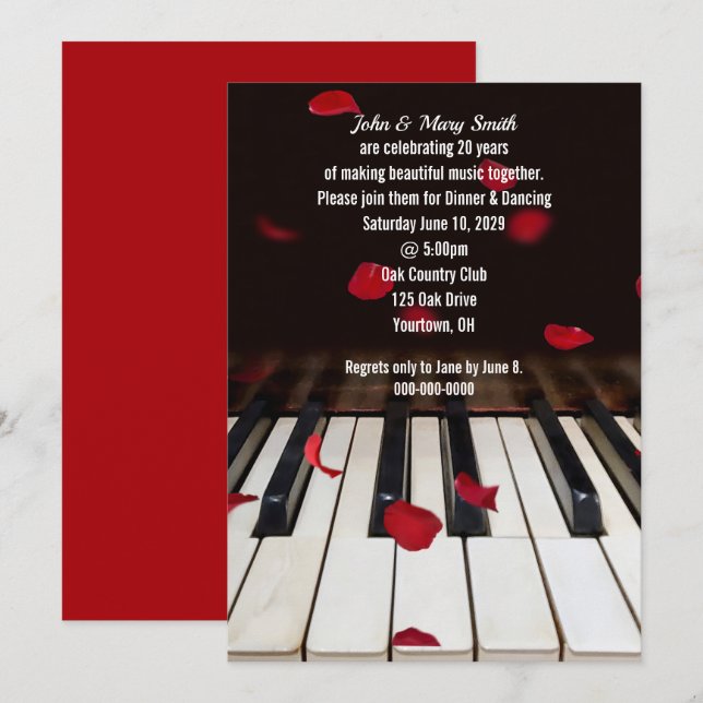 Red Rose Petals on Piano 20th Anniversary Invitation (Front/Back)