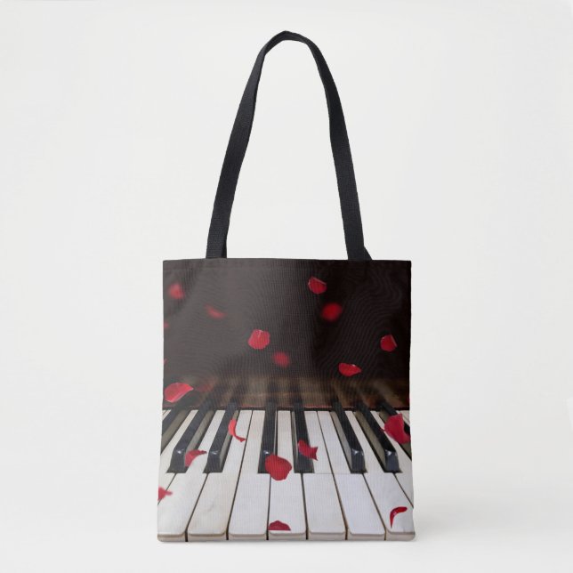 Red Rose Petals on Piano Tote Bag (Front)