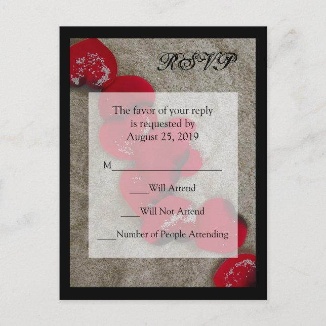 Red Rose Petals on Sand Beach Wedding RSVP Invitation Postcard (Front)