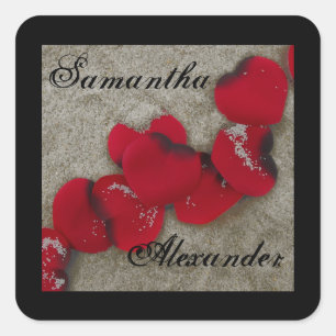 Red Rose Petals on Sand Beach Wedding Square Sticker