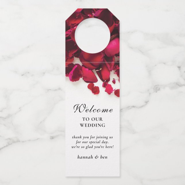 Red Rose Petals Personalised Wedding Bottle Tag (Front)