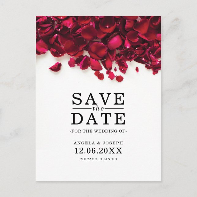 Red Rose Petals Wedding Save the Date Announcement Postcard (Front)