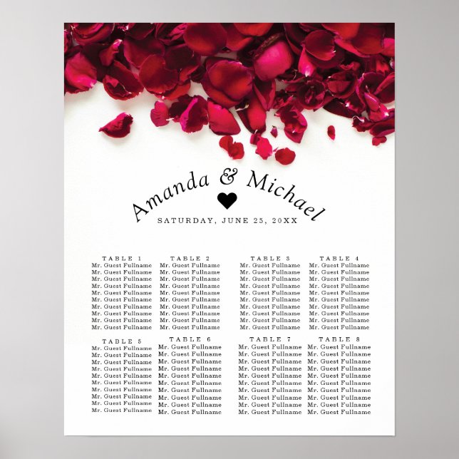 Red Rose Petals Wedding Seating Chart (Front)