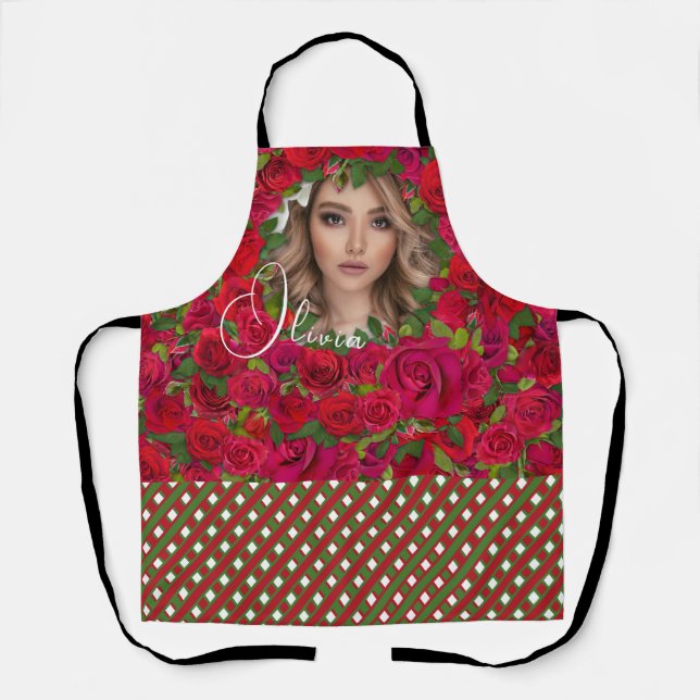 Red Rose Photo Design With Custom Text Apron (Front)