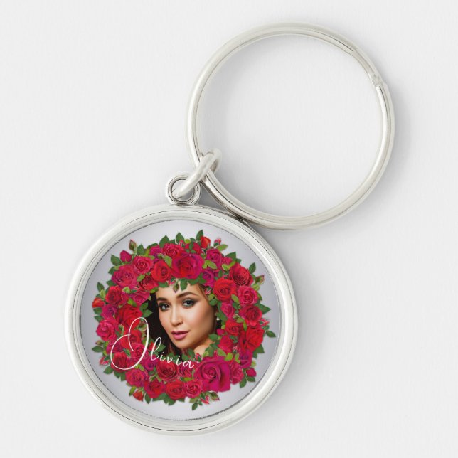 Red Rose Photo Design With Custom Text Key Ring (Front)