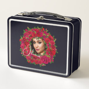 Red Rose Photo Design With Custom Text Metal Lunch Box