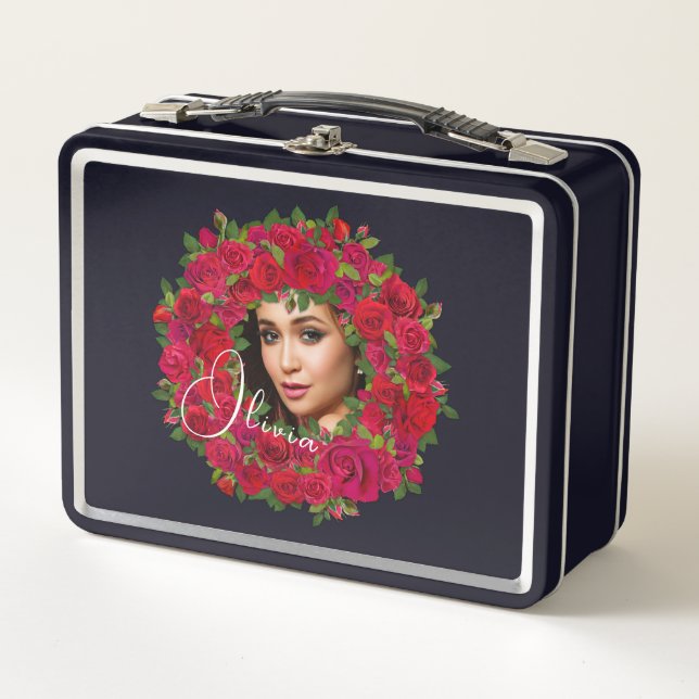 Red Rose Photo Design With Custom Text Metal Lunch Box (Front)