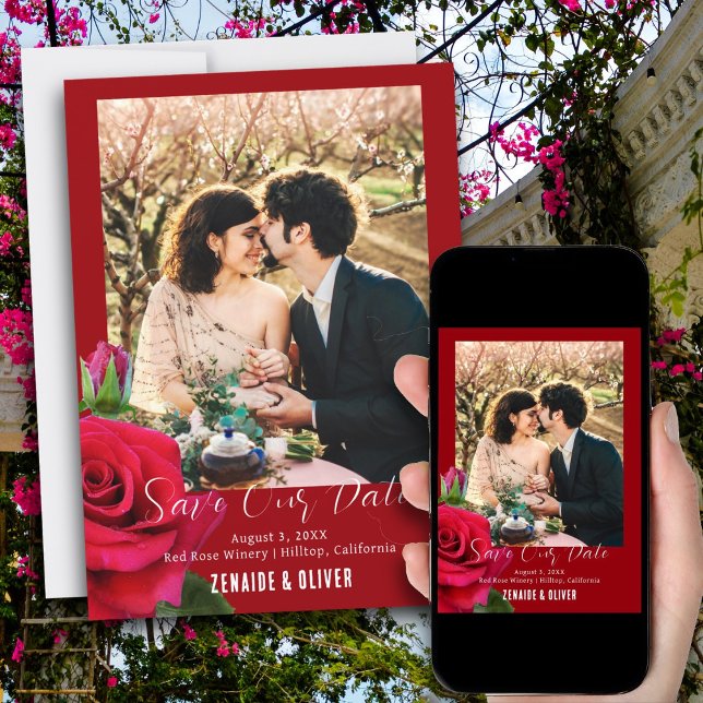 Red Rose Photo Flat Save The Date Card (Creator Uploaded)