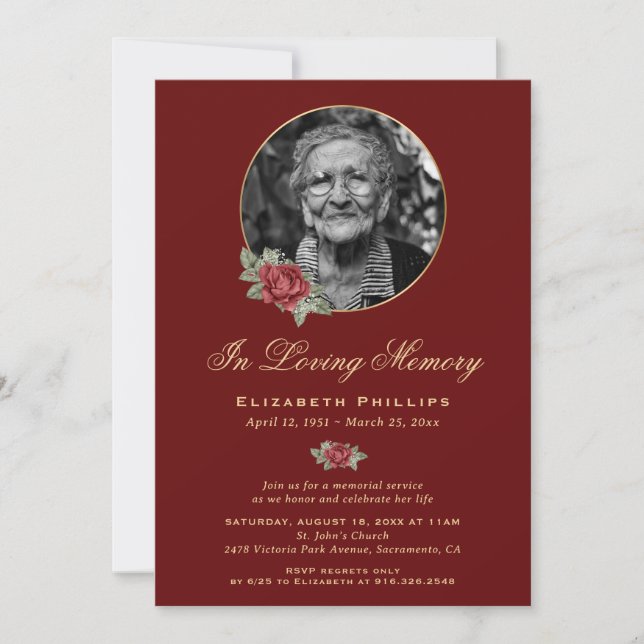 Red Rose Photo Memorial Service Invitation (Front)