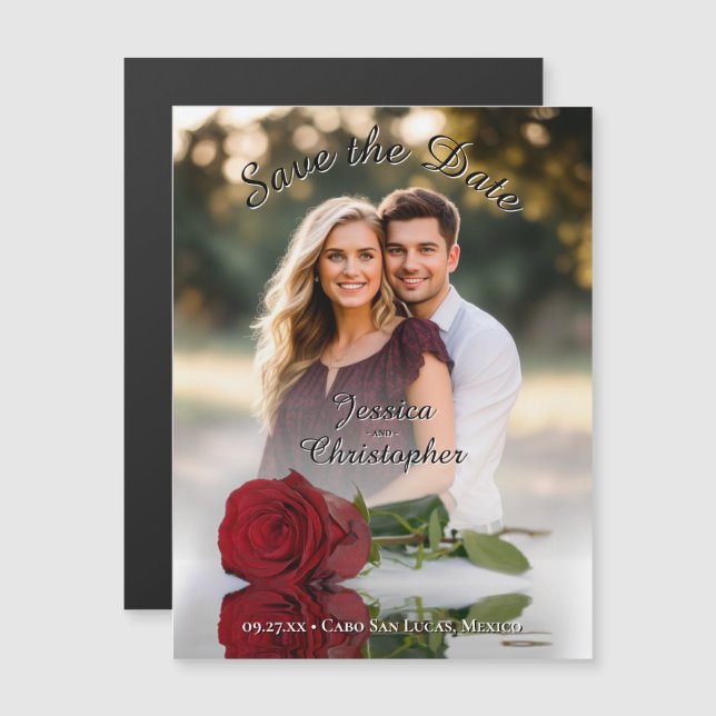 Red Rose Photo Overlay Save the Date Magnet (Front/Back)