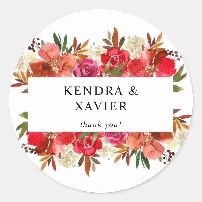 Red Rose & Pink Floral Thank You Classic Round Sti Sticker (Front)