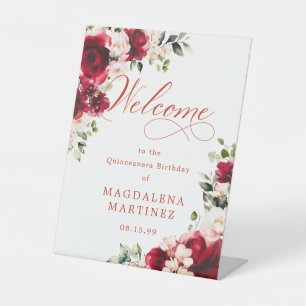 Red Rose Pink Peony Quinceanera Birthday Welcome Pedestal Sign