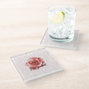 Red Rose Pink Stripes Glass Coaster