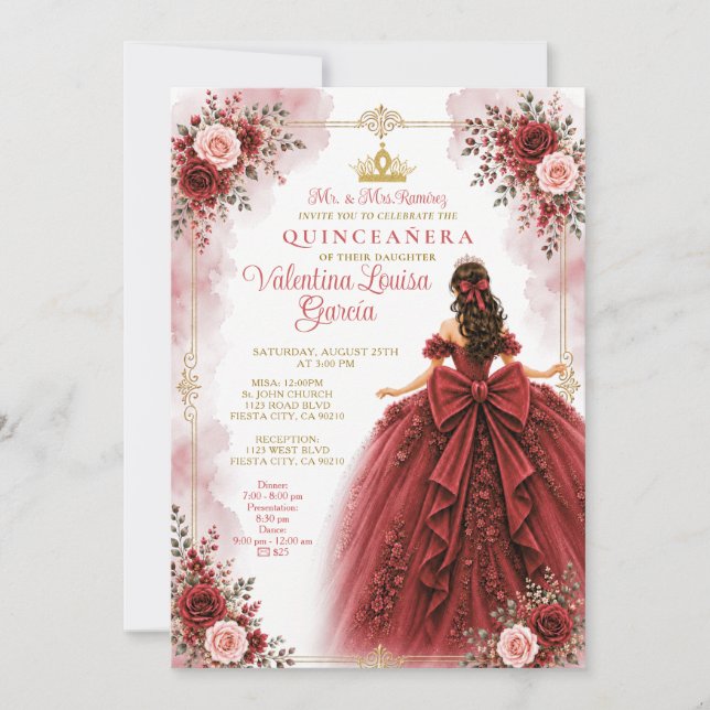 Red Rose Quinceañera Invitation (Front)