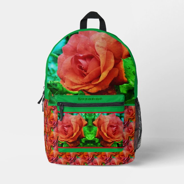 Red Rose Raindrops Flower Abstract Personalised  Printed Backpack (Front)