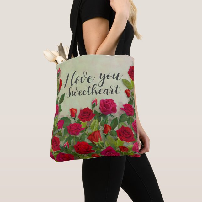 Red Rose Romantic Design With Full Customizable Tote Bag (Close Up)