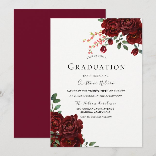 Red Rose Romantic Floral Graduation Party Invitation (Front/Back)