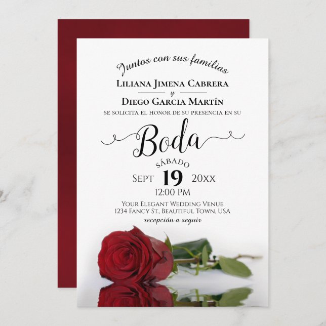 Red Rose Romantic Spanish Language Boda Wedding Invitation (Front/Back)