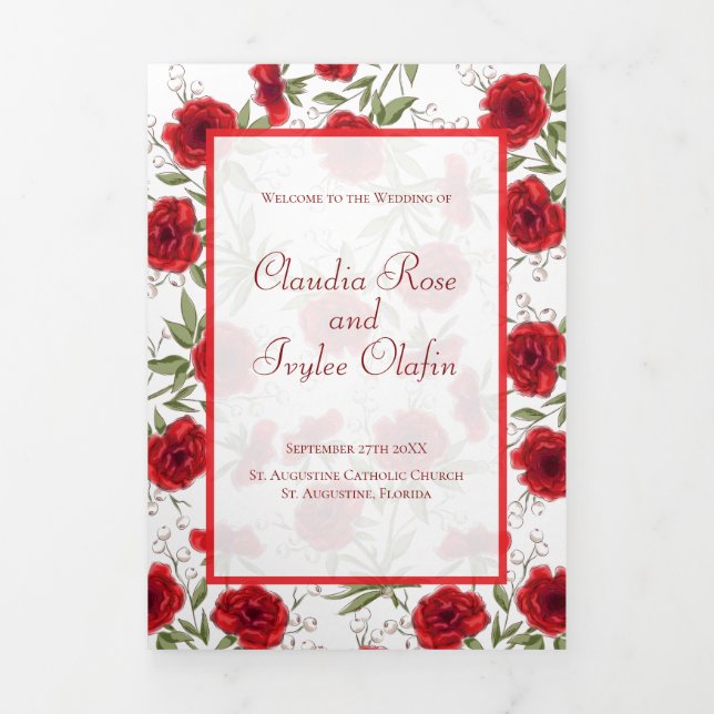 Red Rose Romantic Wedding Programs Tri-Fold Programme (Cover)