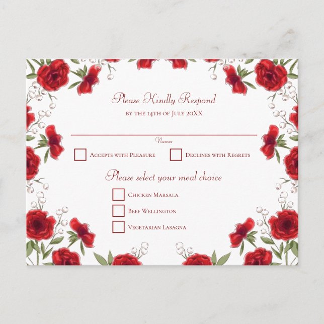 Red Rose Romantic Wedding RSVP Holiday Postcard (Front)