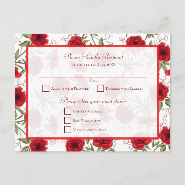 Red Rose Romantic Wedding RSVP Reply Holiday Postcard (Front)