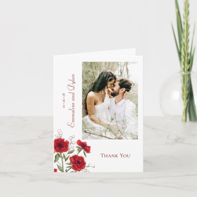 Red Rose Romantic Wedding Thank You Cards Photo (Front)