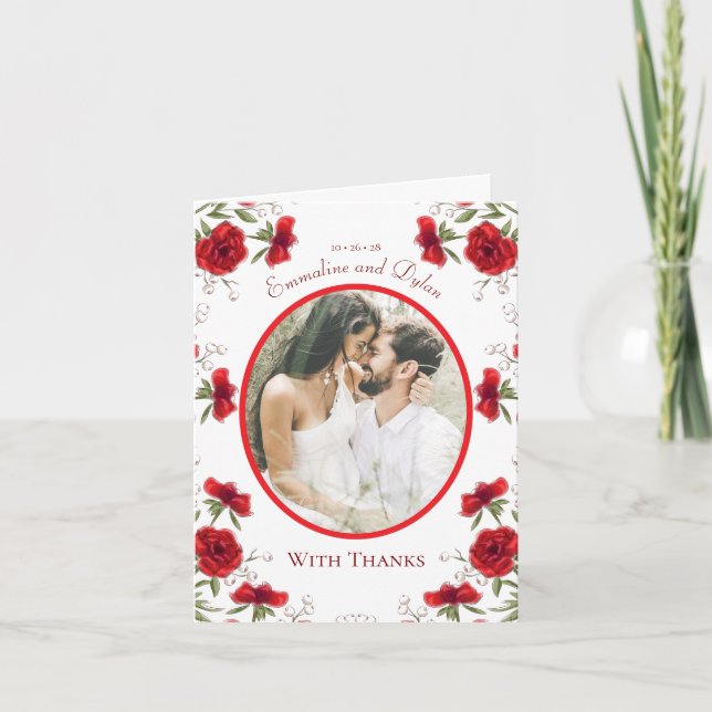 Red Rose Romantic Wedding Thank You Cards Photo (Front)