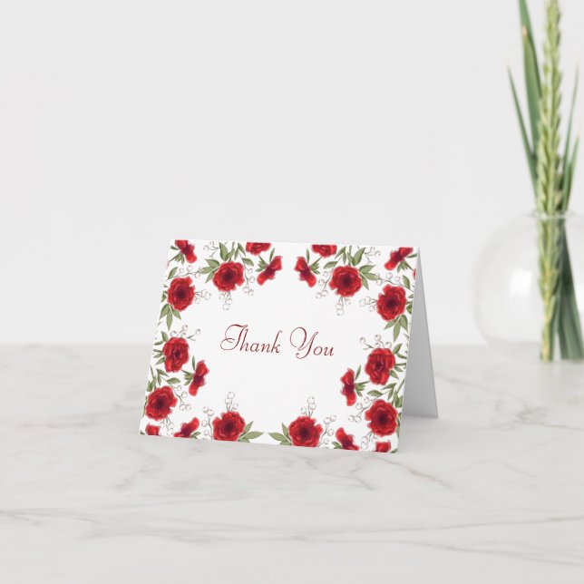 Red Rose Romantic Wedding Thank You Note Card (Front)